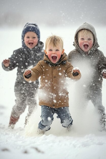 Three children playing in the snow