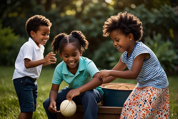 three children playing with a ball and a girl in a blue shirt