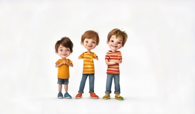 Photo three children posing for a photo with one wearing a striped shirt and one has a striped shirt that says  the word  on it