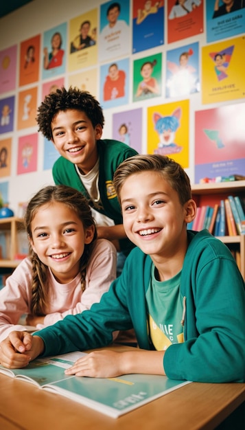 three children posing for a picture with a picture of a boy and a girl