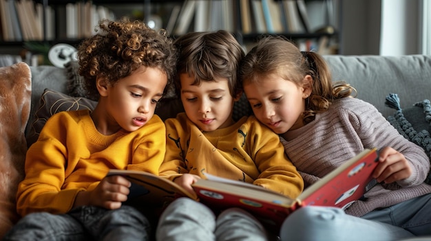 Photo three children reading together on a couch engrossed in books a heartwarming scene of childhood learning and friendship perfect for educational literacy and family themes cozy and inviting setting ai