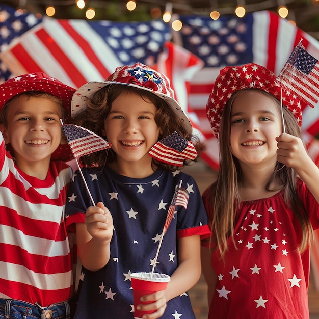 three children in red white and blue with the american flag on the front