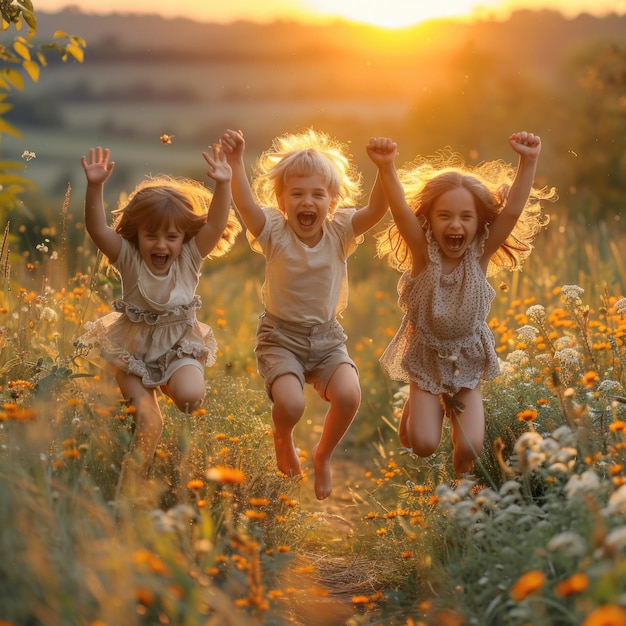 three children running in a field with the sun behind them