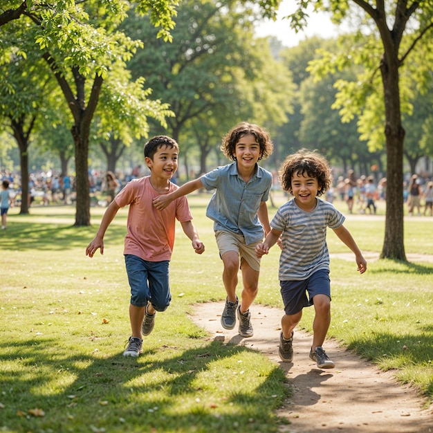 three children running in a park one of which has a shirt that says  the word  on it