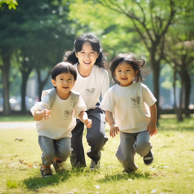 three children running in a park with trees in the background generative ai