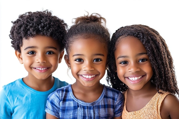 Photo three children smiling for the camera with the words  the word  on the front