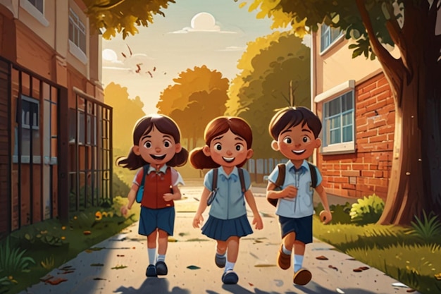 three children walking down a street with a school uniform on