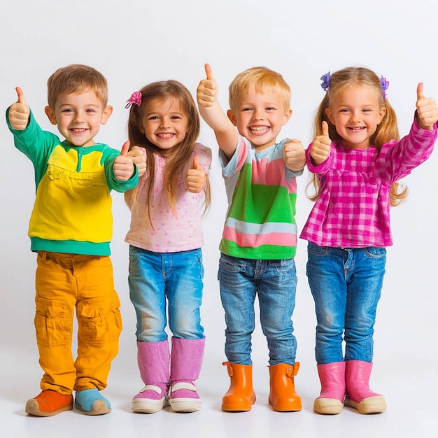 Photo three children wearing colorful jackets and one has a thumbs up