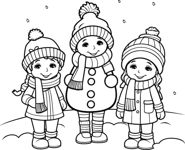 Photo three children wearing snow hats one of which has a snowman on it