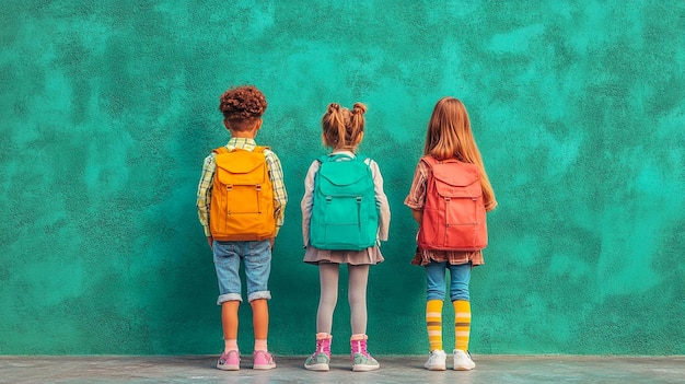 Photo three children with backpacks looking at the camera