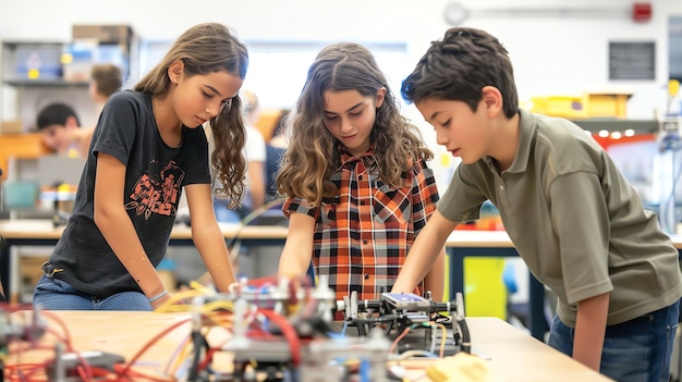 Three children working on a STEM project in a classroom