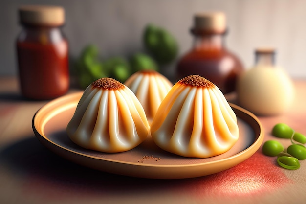 A three chinese dumplings on a plate