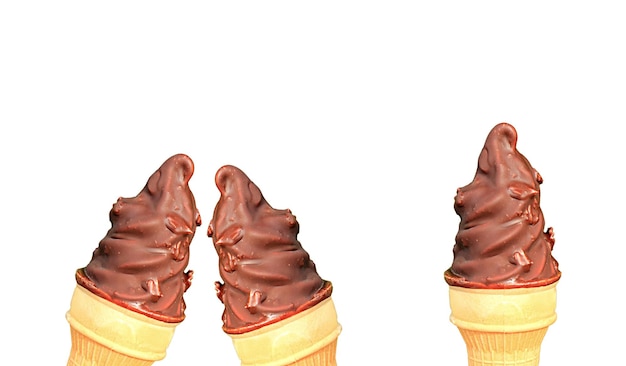 Three Chocolate Coating Soft Serve Ice Cream Cones Arranged in a Row on White Backdrop