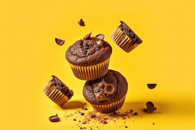 Three chocolate cupcakes are stacked on top of each other, with chocolate chips scattered around them.