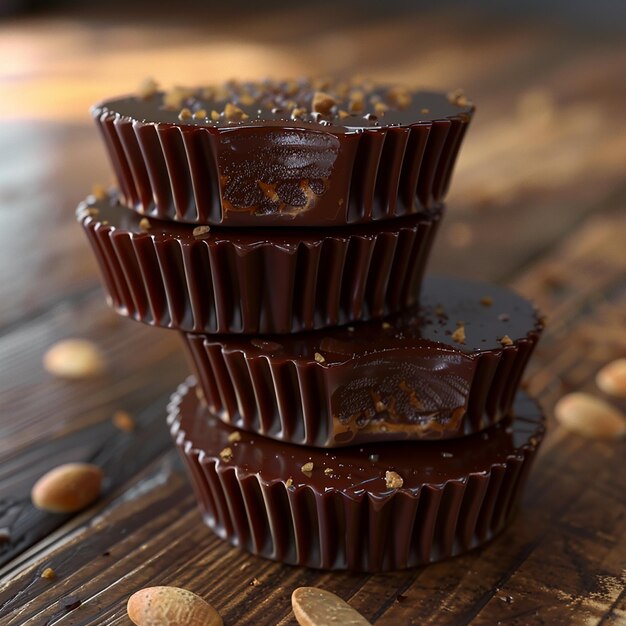 three chocolate cupcakes stacked on top of each other