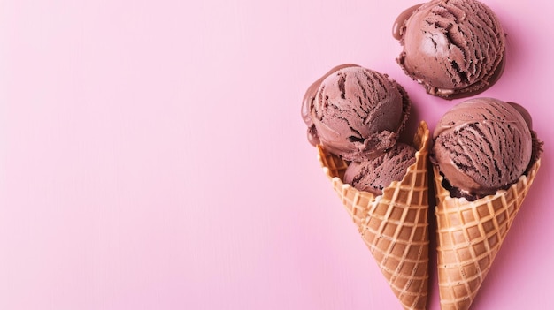 Three chocolate ice cream cones standing on a pink background