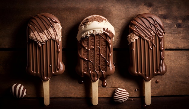 Three chocolate ice cream pops are on a table with other ice creams.