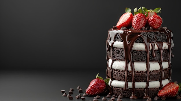 Three chocolates cake with chocolate drips on a black background Layered cake with milk black and white chocolate souffle decorated with strawberries on top Confectionery background with copy space