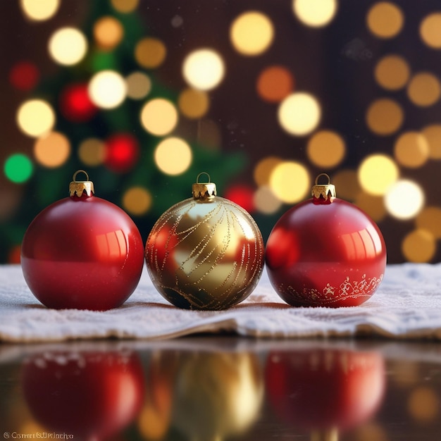 Photo three christmas balls are on a table one of which has a gold star on it