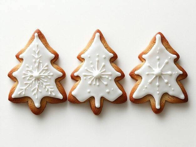 Three Christmas cookies with white icing in star and tree shapes on a white background