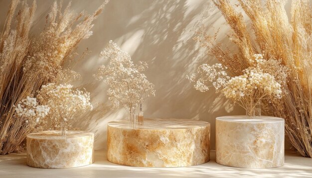 Three Circular Marble Platforms with Dried Flowers and a Bottle of Perfume