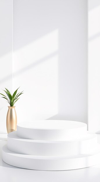 Three circular white podiums with a green plant in a gold vase on a white background