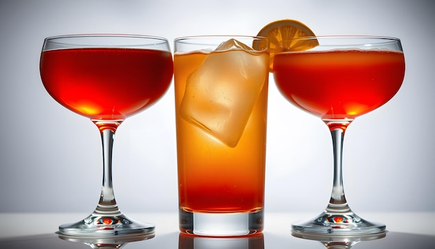 Three classic cocktail glasses isolated with white highlights