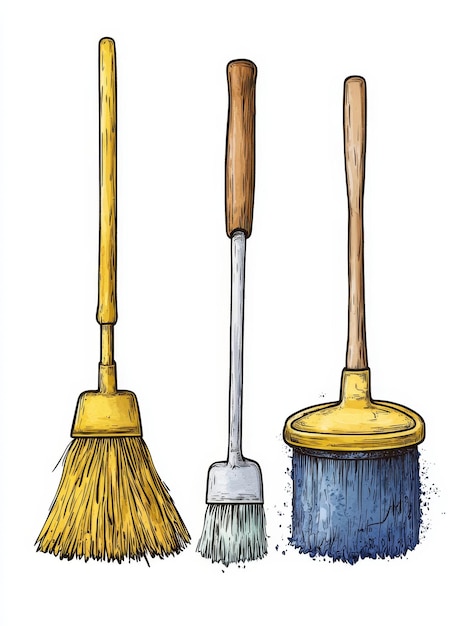 Three Cleaning Brushes in Hand Drawn Style