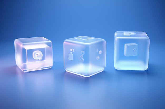 three clear dice with different colors on a blue background