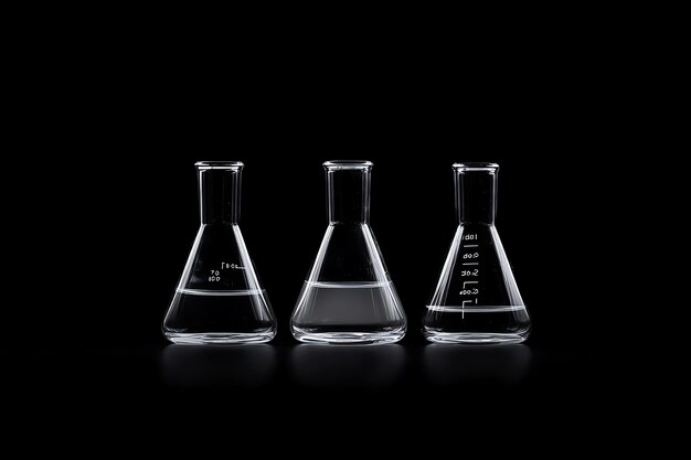 Photo three clear glass erlenmeyer flasks on a black background