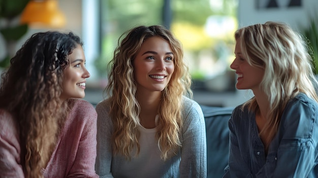 Three close friends sitting on a comfortable couch engaged in an intimate conversation with a relaxed home setting around them