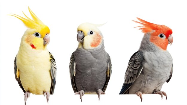 Photo three cockatiels on white background