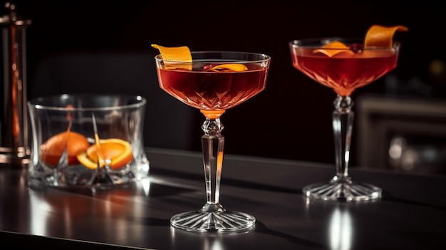 Three cocktails on a bar with one being made with a red cocktail.