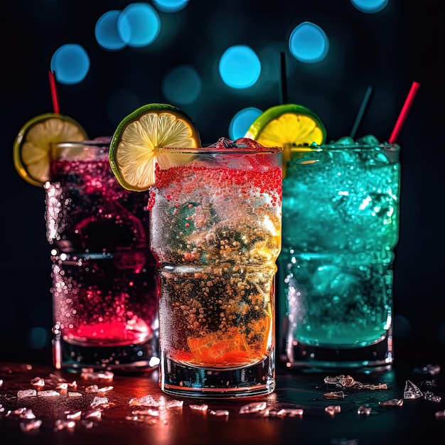 Three cocktails with different colors and the word margarita on them