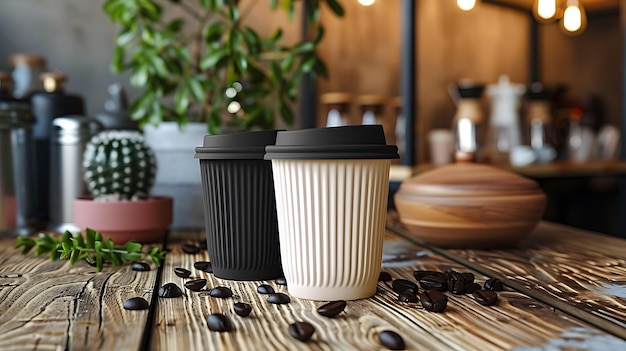 three coffee cups are lined up on a wooden table