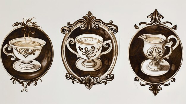 Photo three coffee cups in intricate frames on a textured background