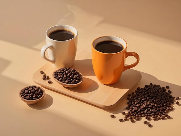 three coffee cups with coffee beans and coffee beans on a table