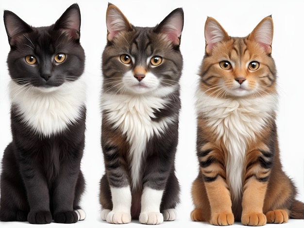 Three colored cats sitting on a white background