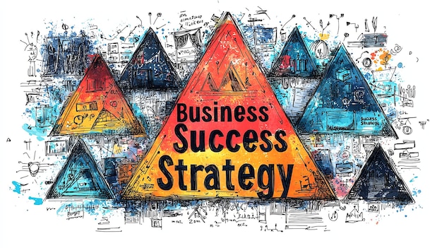 Photo three colored pyramids with business success strategy text in the center