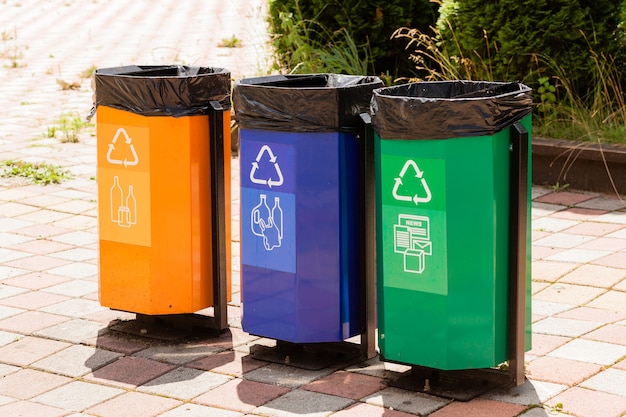 Three colored trash cans in a park next to a footpath.