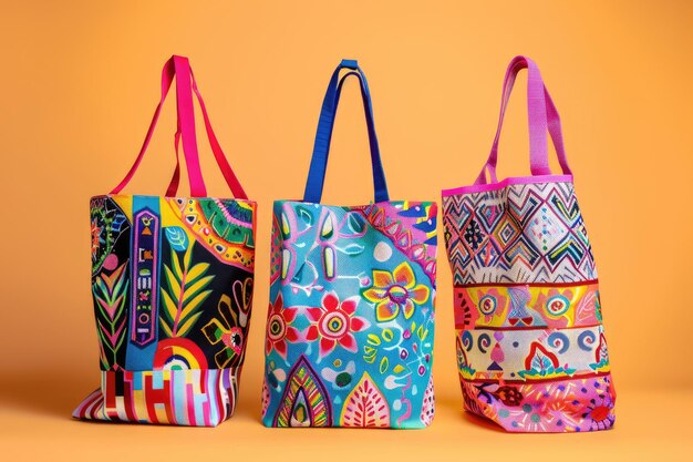 Photo three colorful bags with different patterns and designs