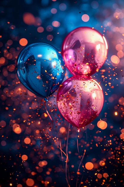 Three colorful balloons floating in the sky with sparkler effect background