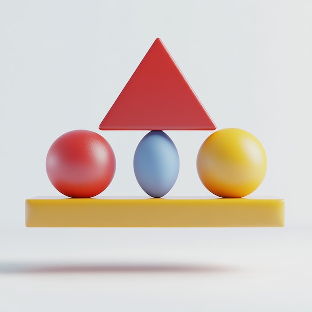 three colorful balls on a yellow block with a triangle on the top