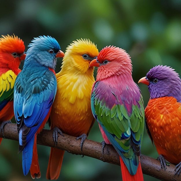 three colorful birds are sitting on a branch one of which has a red green yellow and blue and green