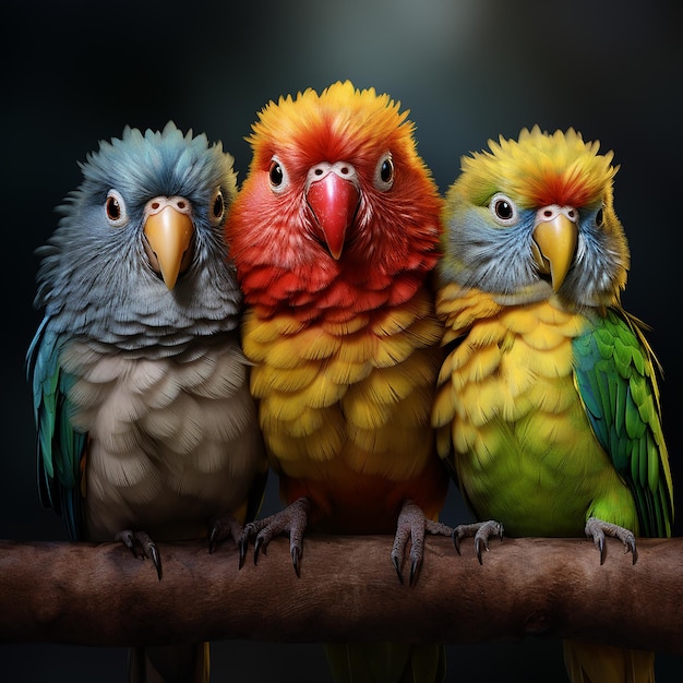 three colorful birds are sitting on a branch