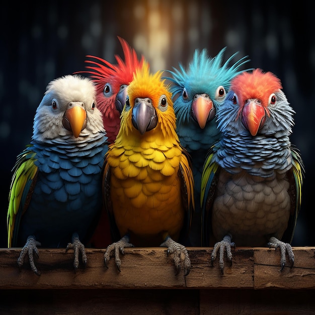 three colorful birds are sitting on a wooden ledge