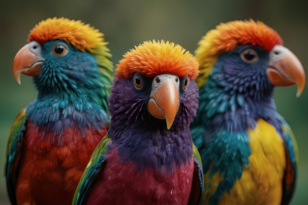 three colorful birds with yellow and blue feathers and one blue and orange beak