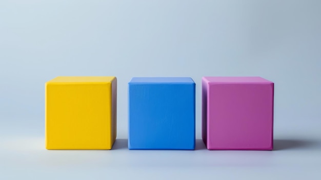 Three colorful blocks or cubes on a blue background minimal concept with copy space