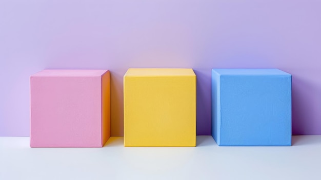 Three Colorful Blocks Pink Yellow Blue Cubes on White Surface with Pastel Backdrop