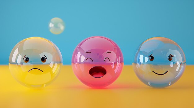 Photo three colorful bubbles with one saying quot happy faces quot